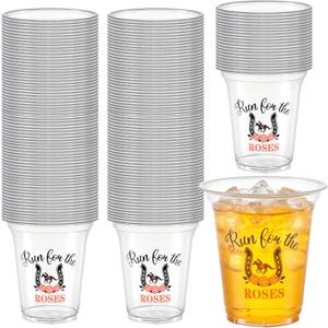 Foxtell 100-Pack Derby Plastic Cups, 14 oz Derby Theme Party Clear Plastic Cups, Thick Sturdy Disposable Tumbler with Horse Racing Design for Kentucky Race Party, Bars, Restaurants & Home Gatherings