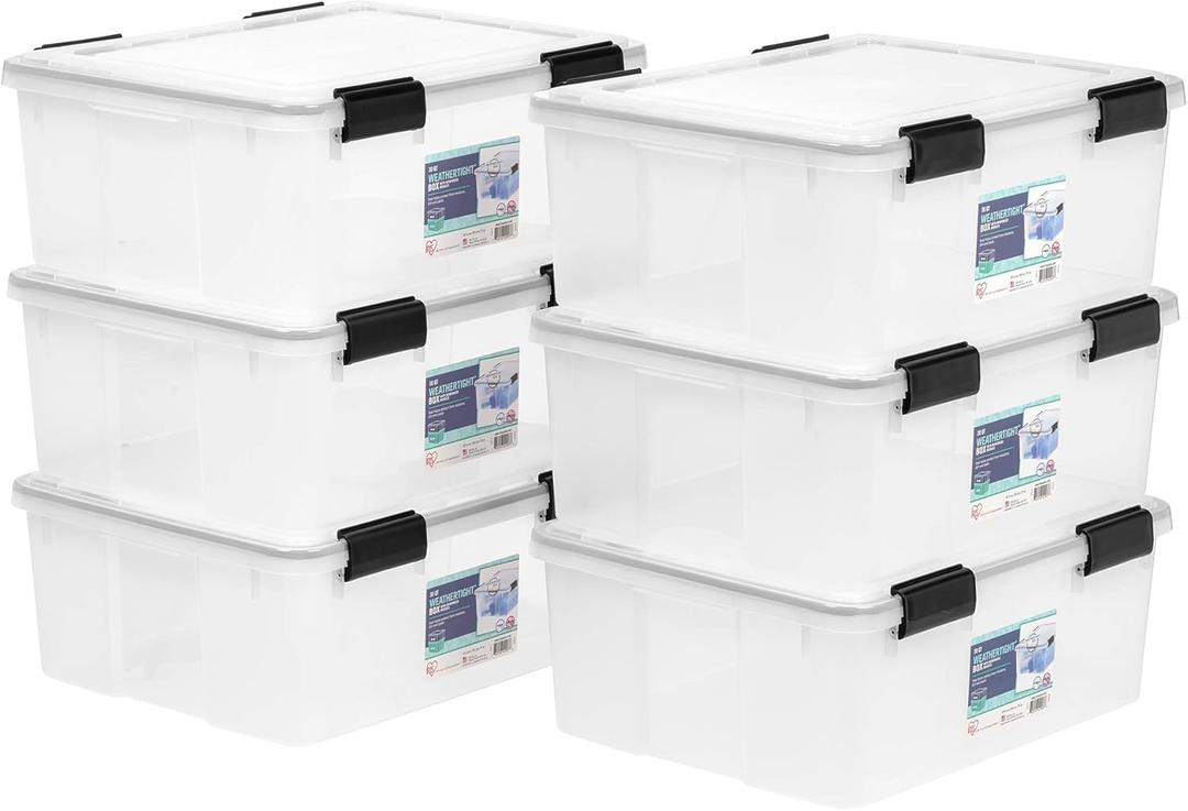 IRIS USA WeatherPro 31 Qt Storage Bins with Lids, 6 Pack, BPA-Free Plastic Gasket Box with Tight Latch and Seal, Stackable Nestable Tote Tub - Clear/Black