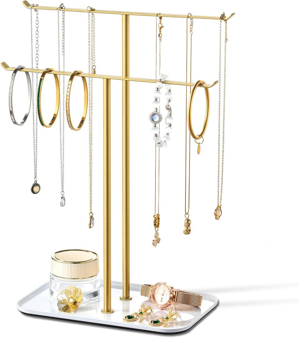 pickpiff Necklace Holder Jewelry Organizer Stand  2Tier TBar Jewelry Display Tree with Tray for Countertop Necklace Bracelet Earring Storage, Vanity Dresser Bathroom Sink, Gold pickpiff Necklace Holder Jewelry Organizer Stand  2Tier TBar Jewelry Display Tree with Tray for Countertop Necklace Bracelet Earring Storage, Vanity Dresser Bathroom Sink, Gold
