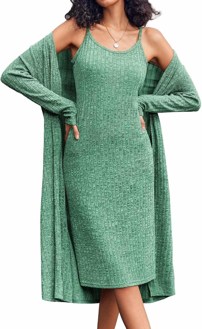 EKOUAER Womens Knit Robe Set 2 Piece Nightgown with Robes Long Sleeves Lounge Sets with Pockets S 3XL (Green, M)