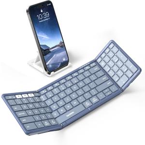 Samsers Foldable Bluetooth Keyboard with Numeric Keypad, Full-Size Wireless Folding PU Leather, Portable Travel for iOS Android Windows Mac OS, Support 3 Device(BT5.1 x 3) Blue
