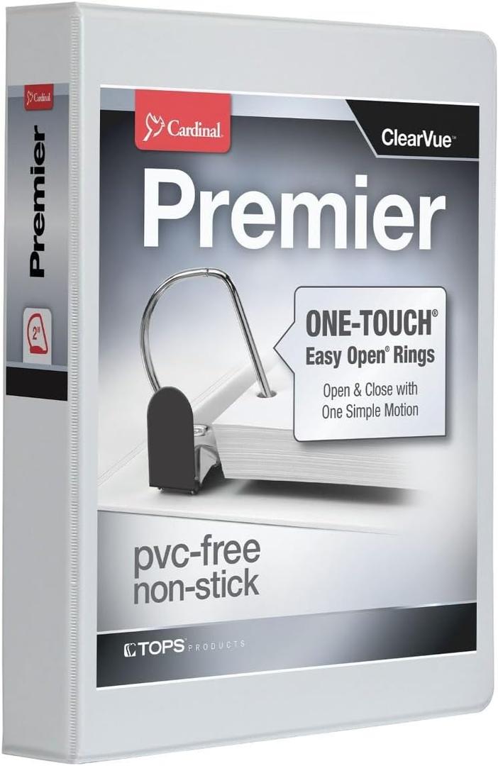 Cardinal 3 Ring Binder, 2 Inch Premier Easy Open Binder, ONE-Touch Locking Slant-D Rings, 565-Sheet Capacity, ClearVue Cover, PVC-Free, White (10320)