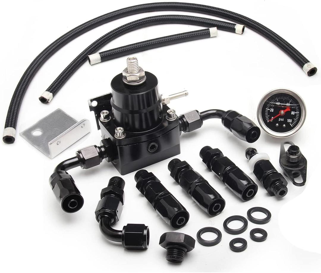 YESHMA EFI Fuel Pressure Regulator Kit 0-100psi with Gauge 6AN Fuel Line Fitting Universal Adjustable Aluminum (Black) (black)