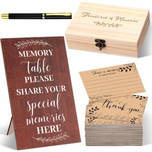 Gersoniel Celebration of Life Memory Cards Share a Memory Wood Box Funeral Wooden Table Sign with Pens 60 Pcs Memorial Cards Funeral Keepsake Decorations for Memorial Bereavement Service