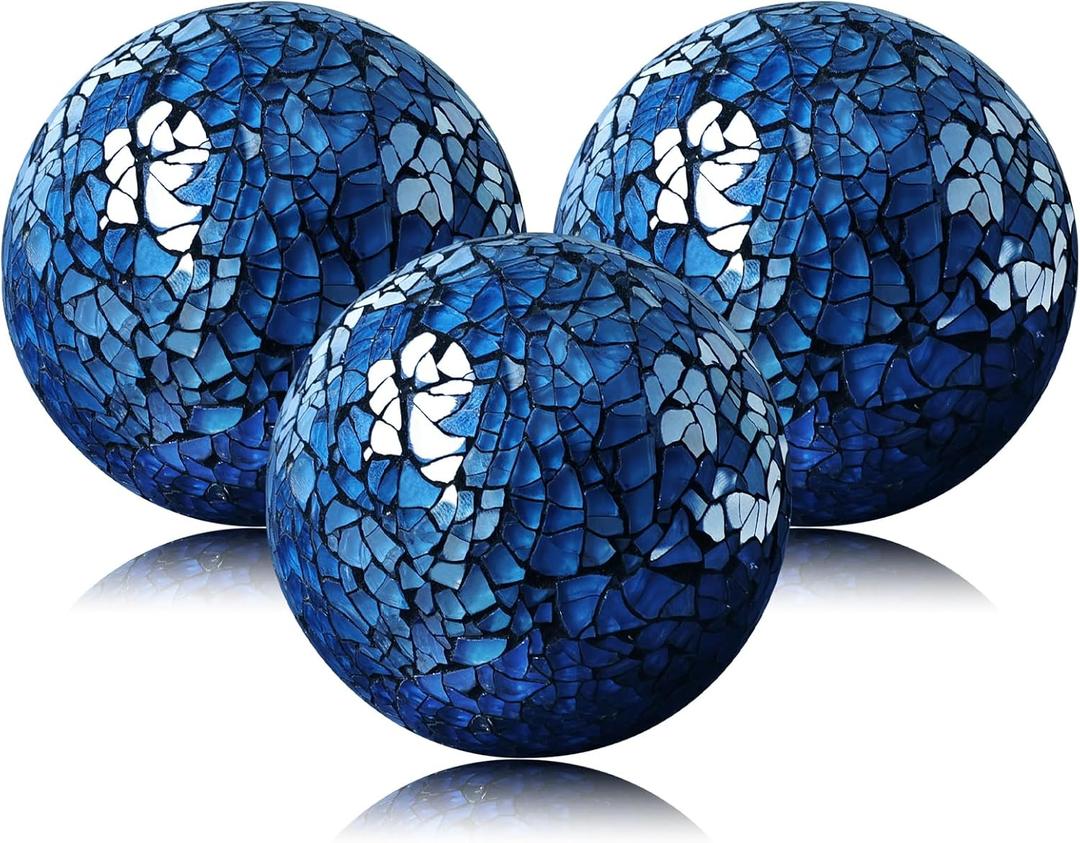 3 Pack Blue Decorative Orbs Mosaic Crack Glass Balls Decor Solid Sphere Globe Bowl Vase Fillers Holiday Living Room Mantle Basket Centerpiece 3.35 Inch