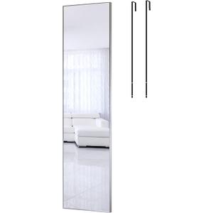 ANYHI Over The Door Mirror, 47"x12" Silver Full Length Mirror with 2 Hooks, Aluminum Brushed Frame, for Bedroom Bathroom