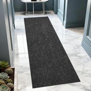 2x10 ft Outdoor Runner Rug, Non-Slip Indoor Outdoor Carpet Runner with TPR Backing, Waterproof Mat for Hallway, Kitchen, Patio, Garage, Deck, Entryway, Black Fine Stripes