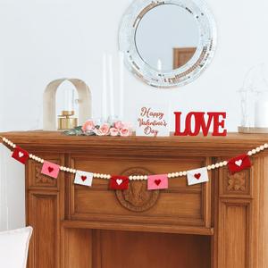 Valentines Day Decorations Felt Red Pink and White Envelopes with Wooden Beads Garlands Vintage Happy Valentine's Day Banner for Mantle, Fireplace, Wall, Party Supplies, Indoor Outdoor Decor
