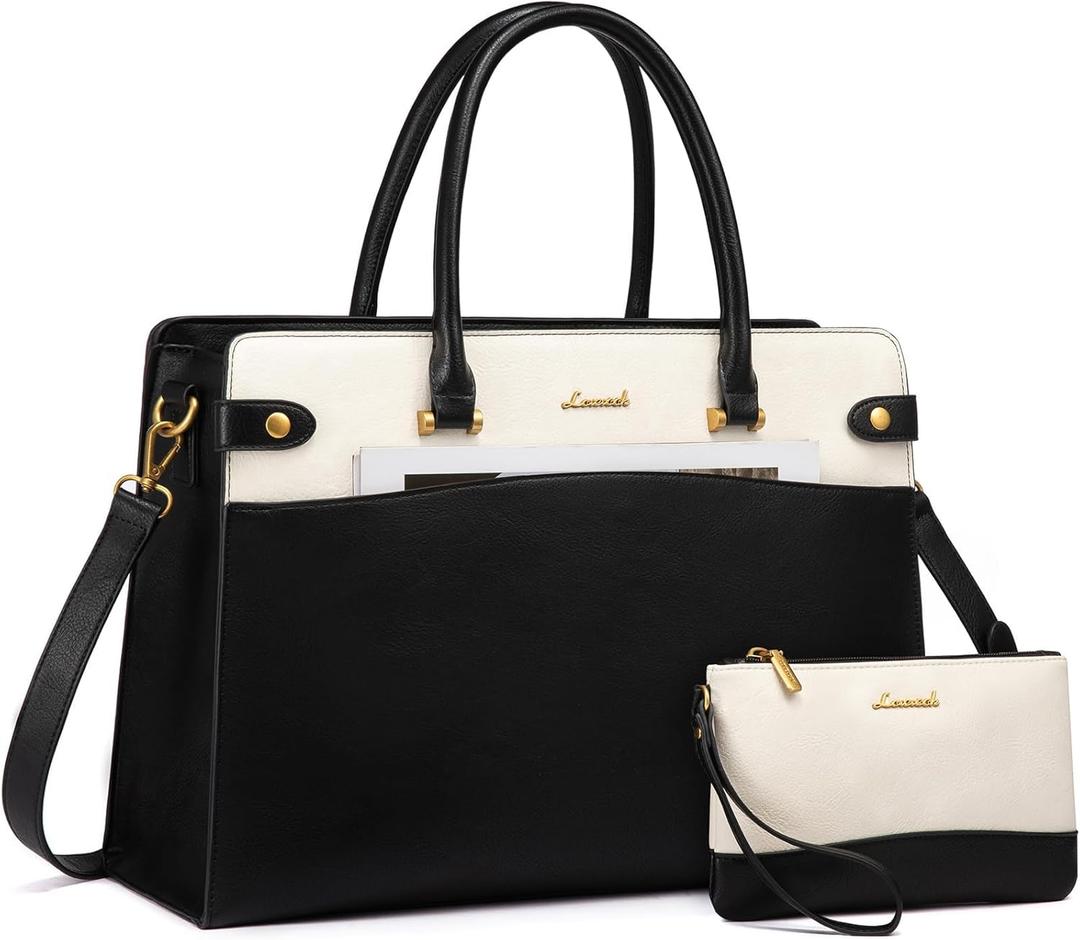 LOVEVOOK Laptop Tote Bag For Women Work, Vintage Leather Computer Bags For Laptops For Women, Waterproof Laptop Bag Business Briefcase Office Large Shoulder Handbag Purse, 17.3 Inch, Black-Beige