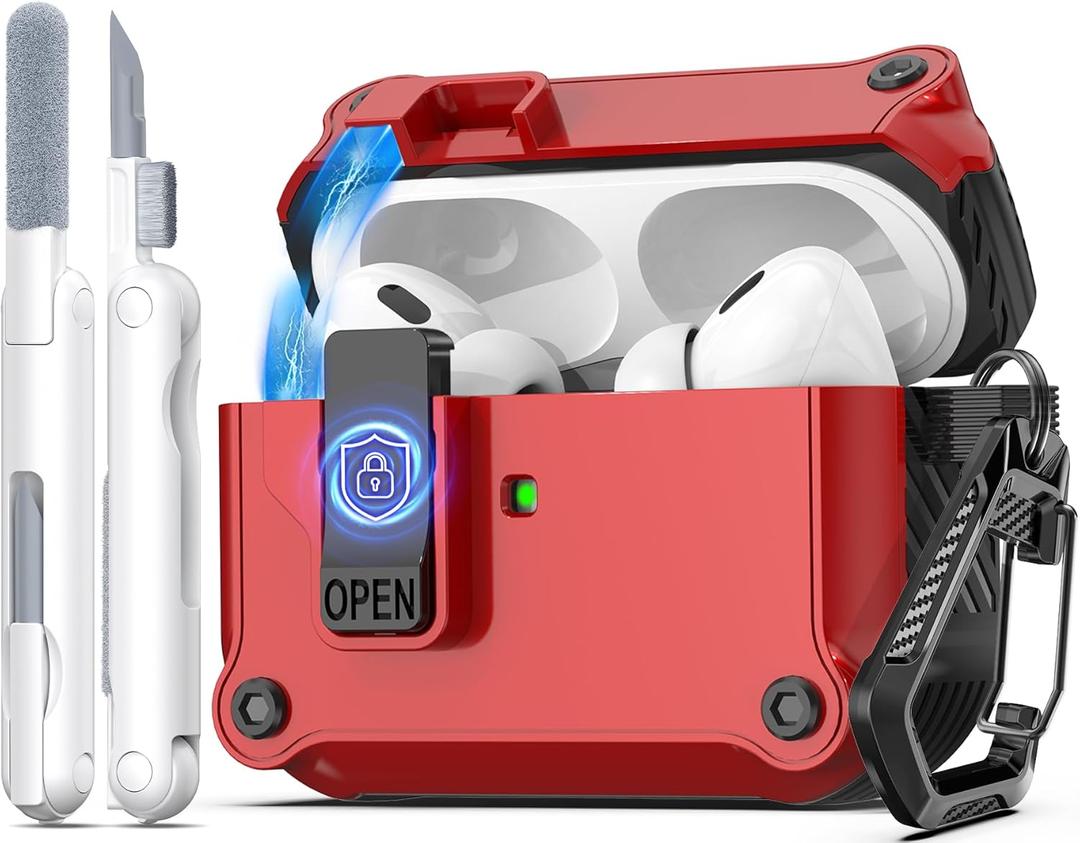 R-fun Compatible with AirPods Pro 2nd Generation 2023(USB-C),2022(Lightning Cable),1st Gen 2019 Charging Case, Full Drop Protection Auto Pop-Up Lid Design with Cleaner Kit,Red