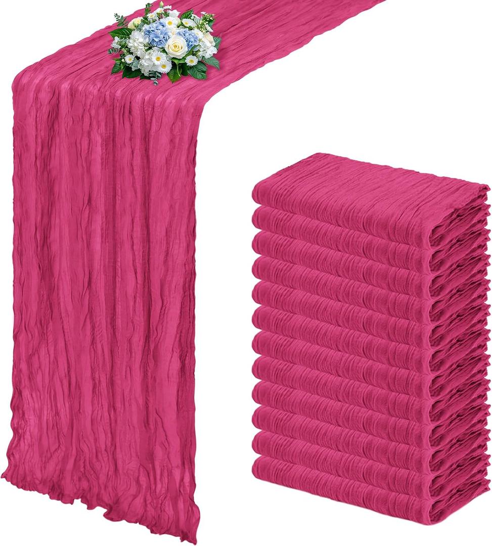 12 Pack Hot Pink Cheesecloth Table Runner 17x108 Inch Semi Sheer Boho Gauze Cheese Cloth Fabric Table Runners, for Wedding Party Baby Shower Birthday Home Decor Garden Farmhouse