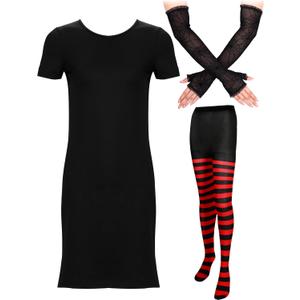 Toulite Halloween Women's Vampire Costume Include Black Dress, Red Striped Leggings and Arm Gloves for Cosplay Party