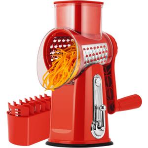 SUSTEAS Rotary Cheese Grater with Handle - Vegetable Shredder with 5 Well-designed Blades & Strong Suction Base,Round Mandoline Slicer & Food Chopper for Kitchen,with Blade Storage Box(Red)