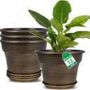 Plant Planters Pots Set of 4 Pack 13 InchLarge Plastic Flower Pot for Indoor Plants with Drainage Holes & Trays, Resin Decorative Container Sets with Saucer for House Outdoor Garden Plant Dark Gold