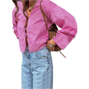 WDIRARA Women's Gingham Long Sleeve Blouse Tie Front Deep V Neck Summer Crop Tops Pink Large