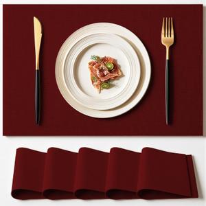 Placemats Set of 6 Linen Type Fabric Cloth Placemats, 18x12 Inch Double Layered Thick Wrinkle Free Heat Resistant Table Place, for Dining, Kitchen, Party (45 * 30cm, Burgundy)