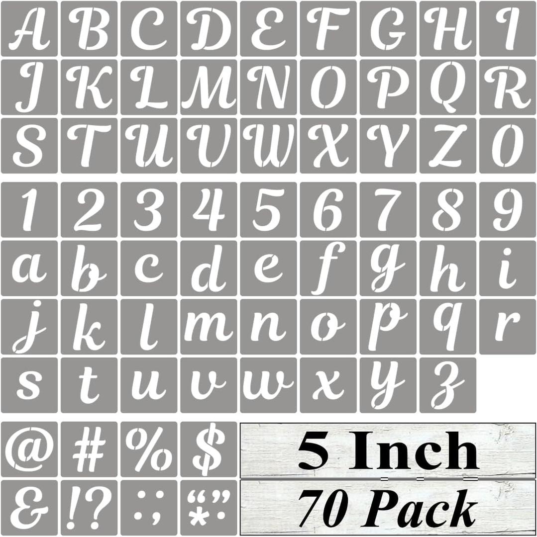 5 Inch Letter Stencils for Painting - 70 Pack Alphabet Letter and Number Stencil Templates with Signs for Painting, Reusable Cursive Alphabet Stencils for Chalkboard Wood Crafts & Wall Decor