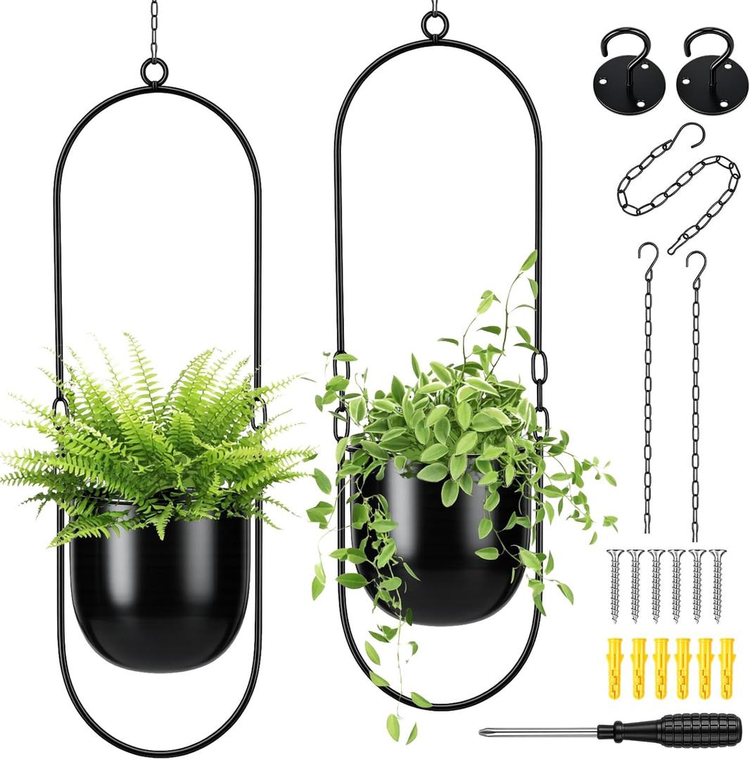 Fumete 2 Set Black Hanging Planters with Chains Metal Plant Hanger Wall Mounted Iron Flower Pot Holder for Indoor Outdoor Plants, Planting Ivy and Fern for Window Porch Balcony and Home Decor