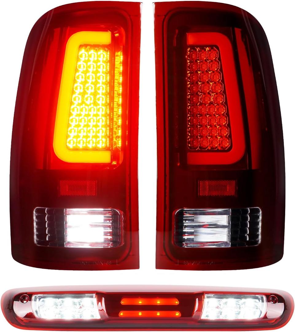 Tresound LED Tail Lights + 3rd Third Brake Cargo Lamp for GMC Sierra 1500 2007-2013(SLT, WT, SL, SLE), 2500 3500 HD 2007-2014 (Only fit 3500HD with Single Rear Wheel Model), Chrome Housing Red Lens
