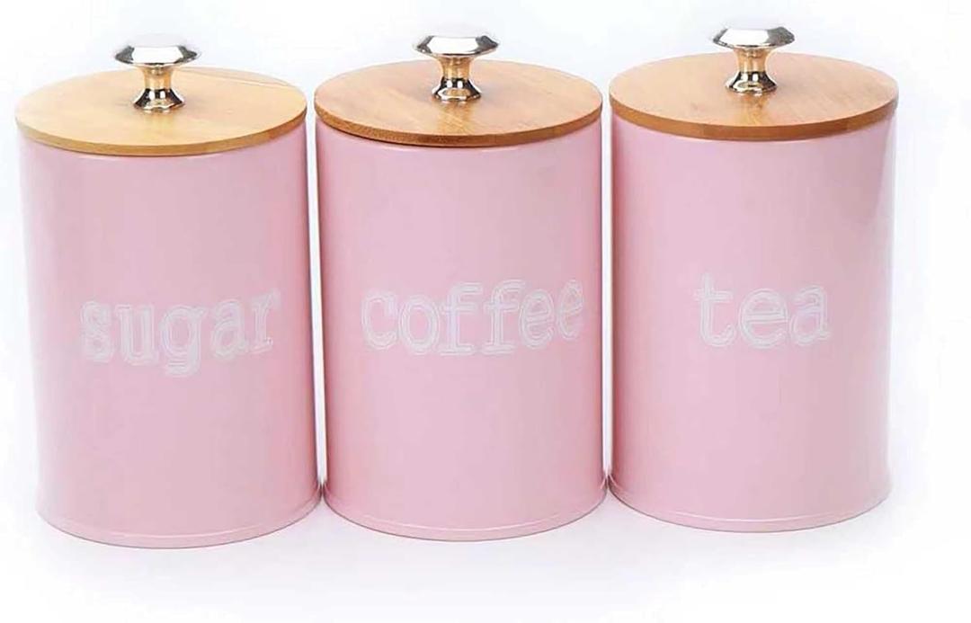 X022S Set of 3 Metal Food Storage Tin Canister/Jar with Bamboo Lid (matte pink)