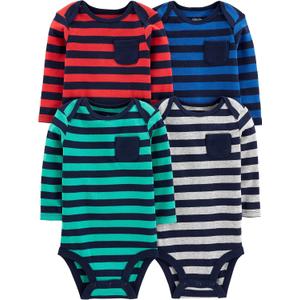 Simple Joys by Carter's Baby 4-Pack Long-sleeve Bodysuit (3-6 Months, Blue/Mint Green/Grey/Red Stripe)