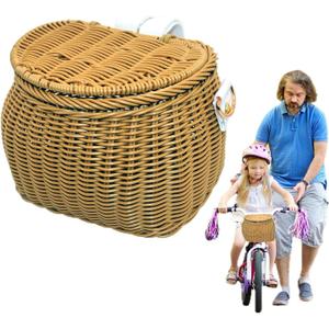 Bike Basket,Kids Bike Basket Front,with Adjustable Leather Straps,Weatherproof Premium Hand-Woven Rattan Storage Bicycle Basket for Boys Girls Bicycle Accessories