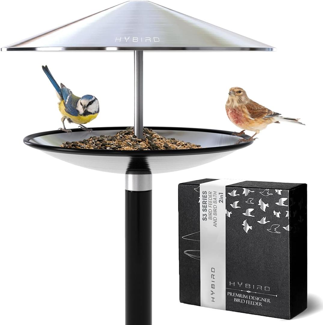 HYBIRD Bird Feeder and BirdBath Combo with Stand – Rust Proof Stainless Steel Metal Bird Feeder with Aluminum Pole is Frost Proof and Weatherproof, Attracts Cardinals, Chickadees, Finch, Wild Birds