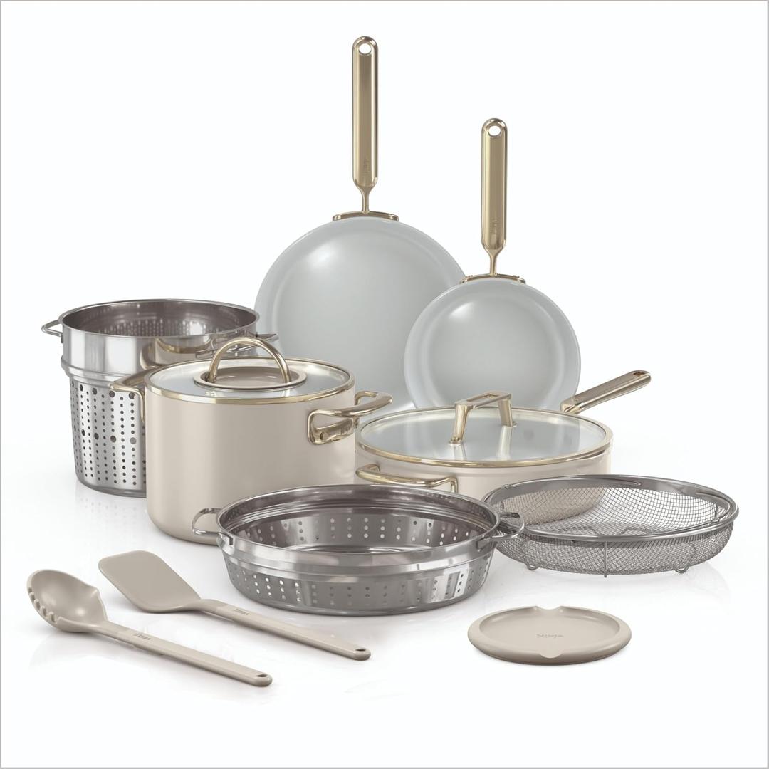 Ninja NeverQuit™ 12-Piece Ceramic Cookware Set, Stone Gold, CQ19012SD1
Nontoxic¹, nonstick ceramic-coated cookware set; Fry pans, saucepans, glass lids, easy storage