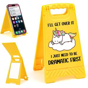 Funny Office Encourage I'Ll Get Over It Desk Sign Yellow Warning Style Table Decor Humor Gift for Coworkers Friends Home Office Tabletop Cubicle Phone Holder Mirror Stand