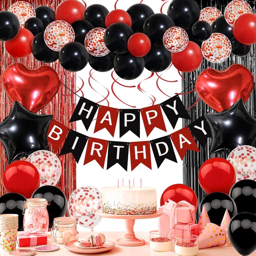 Red and Black Birthday Decorations, Happy Birthday Banner, Confetti Balloons, Fringe Curtain, Heart Star Foil Balloons, Hanging Swirls for Women Girls Birthday Princess Party Decorations (Red Black)