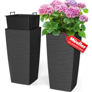 Mueller Janska M-Resin Heavy Duty Tall Planter, Indoor/Outdoor Grande Plant, Tree, Flower Pot, 2-Piece Set, 24, Modern Design, Built-in Drainage, Dark Gray
