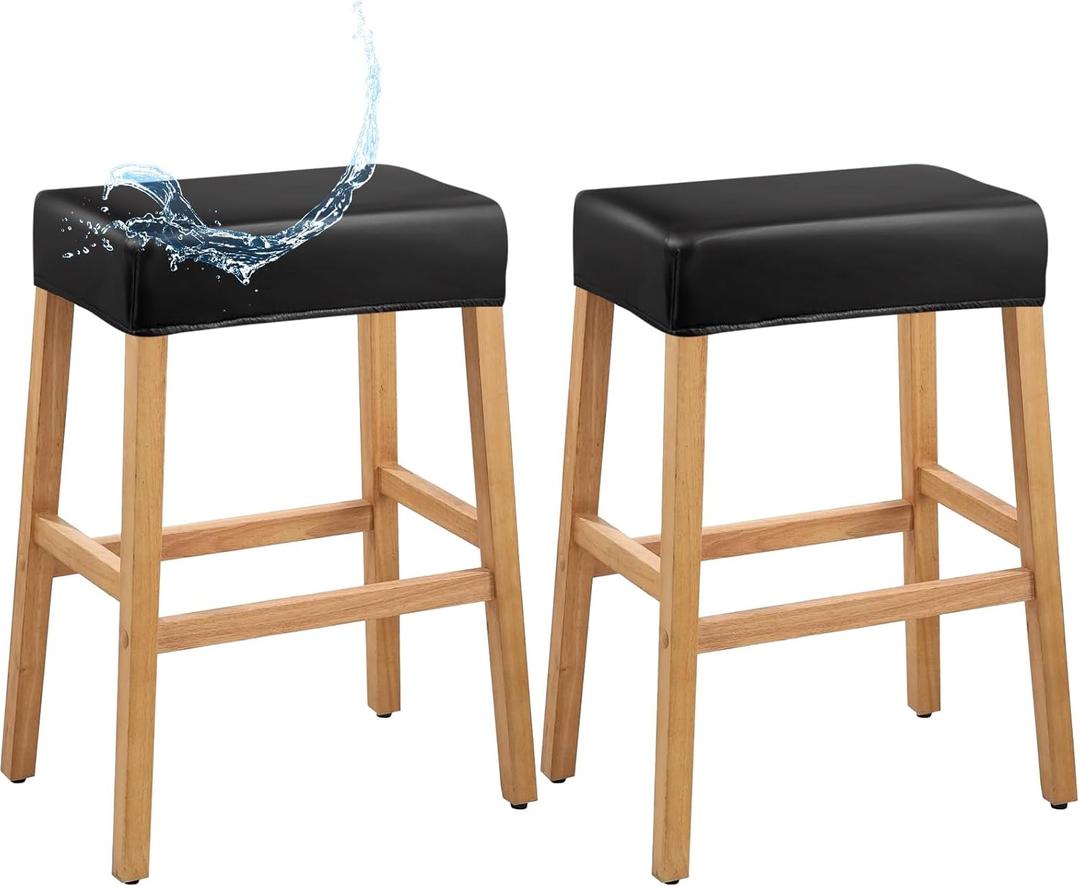 PU Leather Bar Stool Covers Rectangular, 100% Waterproof Stool Covers Rectangle Super Stretch 20% Thicker Leather Saddle Stools Cover Rectangular Counter Bar Stools with Elastic Band (2 PCS, Black)