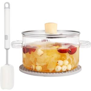 Glass Cooking Pot with Lid - 1.5L(50oz) Heat Resistant Borosilicate Glass Saucepan with Brush & Anti-Scalding Mat for Pasta Noodle, Soup, Milk, Baby Food