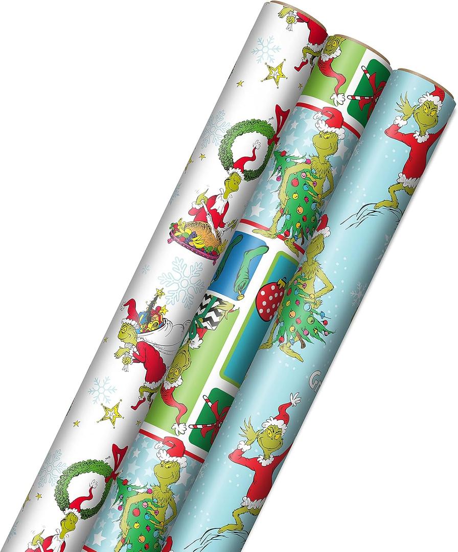 Hallmark Dr. Seuss Grinch Wrapping Paper for Kids (3 Rolls: 105 Sq. Ft. Ttl) for Christmas with Blue Tiles, White Snowflakes, Cindy Lou Who, Max
