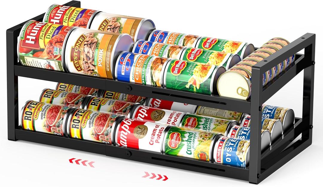 2-Tier Can Organizer for Pantry, Expandable Length Can Rack for Kitchen Shelf Organizer and Storage, Sturdy Metal Standing Can Holder for Canned Soup Soda Food Goods Storage, Stackable