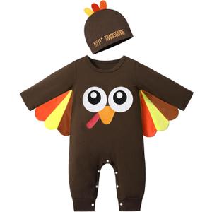 NAPU My First Thanksgiving Baby Boy Outfit Cute Turkey Romper Long Sleeve One Piece Jumpsuit Hat 2Pc Baby Thanksgiving Outfit (9-12 Months)
