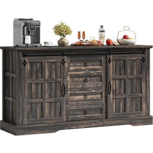DWVO Farmhouse Sideboard Buffet Cabinet with Storage, Large Kitchen Storage Cabinet w/Sliding Barn Doors and Drawers for Dining Room, Living Rool, Dark Rustic Oak