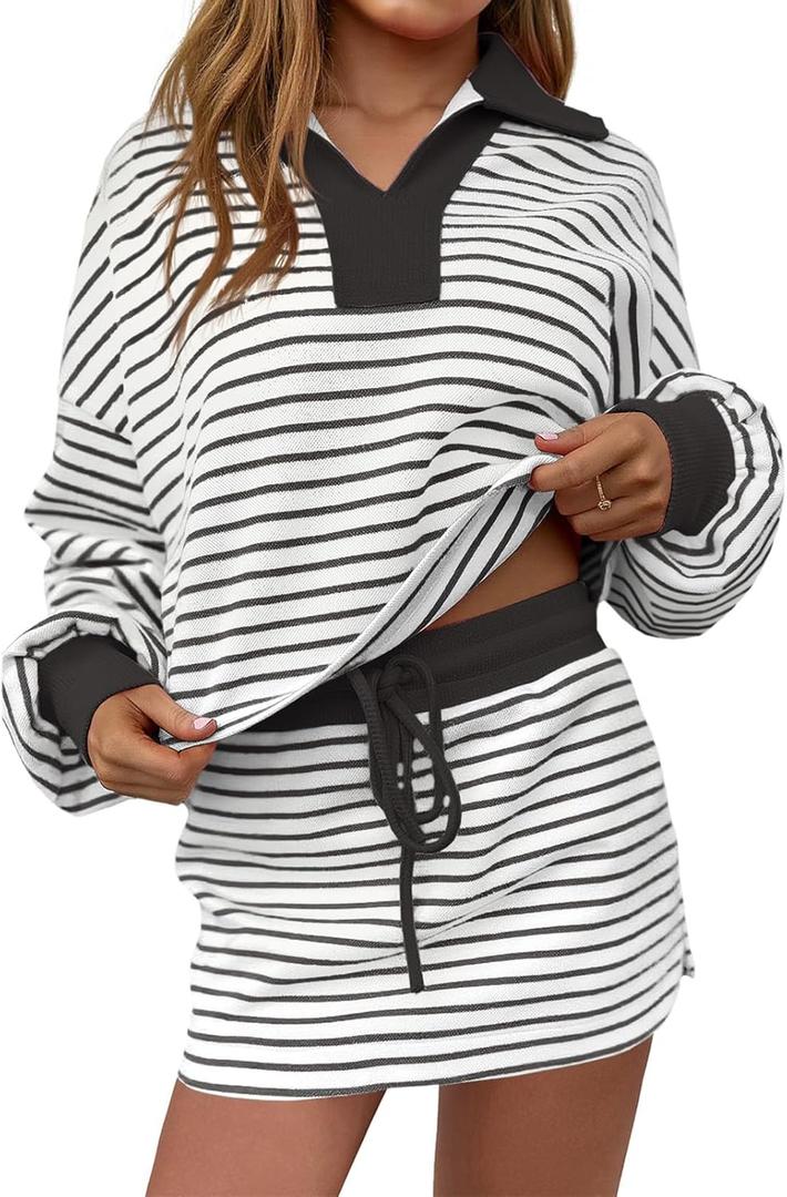 Fisoew Womens Striped 2 Piece Outfits Casual Sweatshirt Skirt Set Long Sleeve Skort Workout Set Matching Lounge Sets (X-Large, Black)