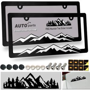 Mountain License Plate Frames- Plastic Black Car Tag Holder Bracket with Screws Caps, 2 Packs 2 Hole, White on Black, Mountain Vinyl Sticker Included