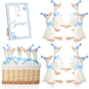Blueweenly 8 Sets One Silly Goose Birthday Decoration 15.7 Inch Soft Silly Goose Stuffed Animal Hat with Wood Table Decor for Birthday Party Decoration, Blue, Goose