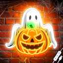 Spooky Glow Halloween Neon Signs for Wall Decor - Ghost & Pumpkin Led Neon Light Up Sign, Glow in Dark Indoor Decor for Porch Window Home Bar Party, Scary Halloween Decorations Gifts for Kids