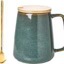 Large Ceramics Coffee Mugs,24 OZ,With Spoon And Wooden Lid,For Coffee,Tea,Cocoa,Large Handle Design,Microwave And Dishwasher Safe(Color:24 oz green set)