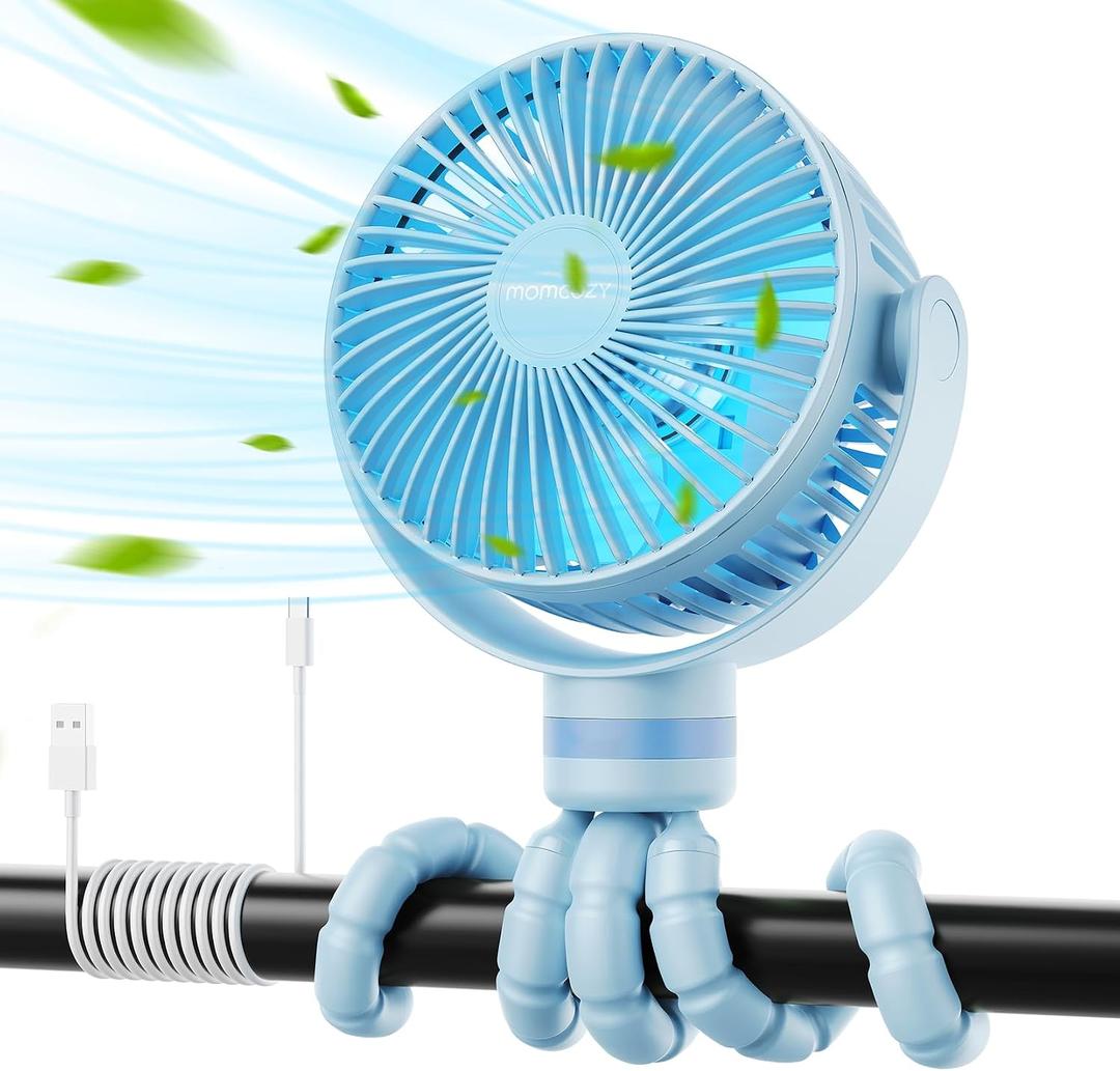 Momcozy 8000mAh Portable Stroller Fan, 27H Ultra-long Battery Life Detachable 4 Speed 360Rotate LED Night Light with 2 Modes, USB Rechargeable Handheld Cooling Fan for Travel/Car Seat/Bedroom, Blue