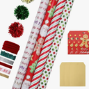 LaRibbons Christmas Wrapping Paper Sets, Gingerbread Man & Polka Dot & Stripes Design with Ribbons & Gift Tags & Metallic Pom Pom for Christmas, Holiday, 30Inch × 10Feet（ 4 Rolls: 100 Sq.Ft.Ttl）