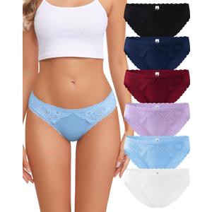 6 Pack Cotton Underwear for Women Bikini Panties Lace Wasit Hipster Cute Cheeky Soft Breathable Briefs (Medium)