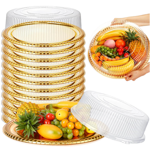 Nitial 12 Pcs Heavy Duty Serving Tray with Clear Lid, Round Elegant Gold Catering Trays Disposable Large Plastic Platters for Fruit Cake Sandwich Food Picnic Party Supplies (12 Inches)