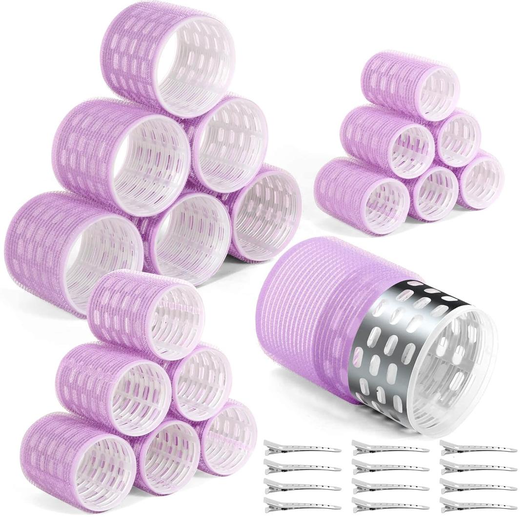 Thermal Hair Rollers Set - 30PCS Jumbo Self-Grip Rollers (64mm, 48mm, 36mm) with Clips for Long, Medium, Short Volume and Salon Styling (Purple)