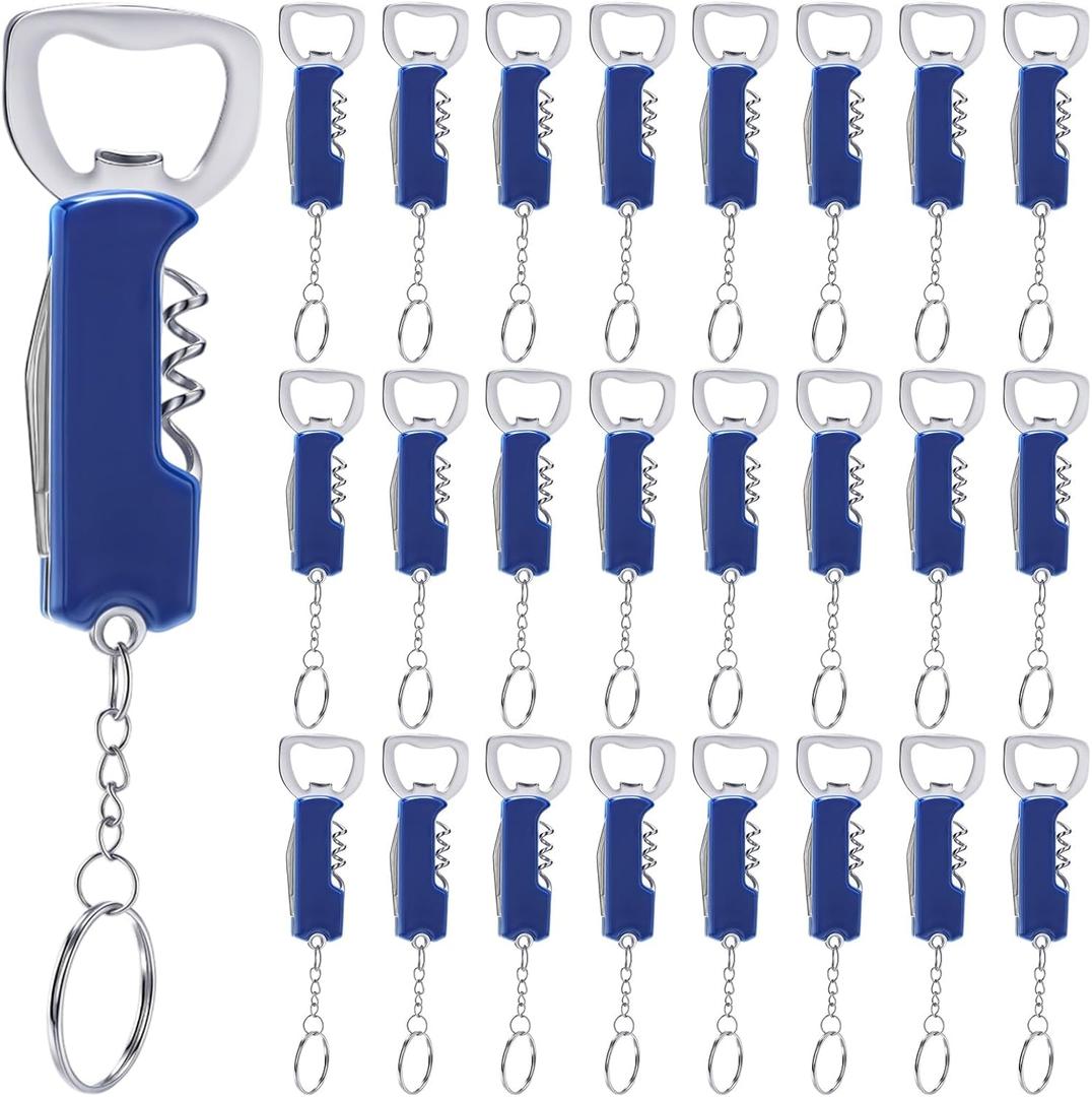 24 Pcs Bottle Opener Keychain Bulk Bottle Beer Opener Keychain 3.27" Stainless Steel Corkscrew Waiter Corkscrew Key for Bar Party Wedding Bartender Home Favors Gifts (Blue)