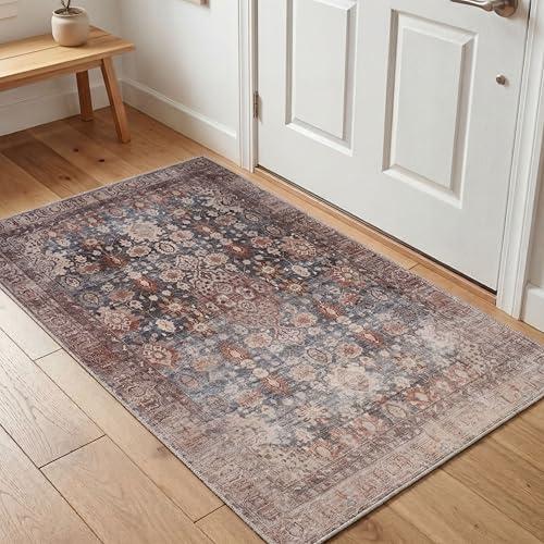 Kuden 3x5 Small Rug, Machine Washable, Non-Slip Backing, Vintage Style, Soft, Low Pile, Area Rugs for Entryway Kitchen Indoor Entrance