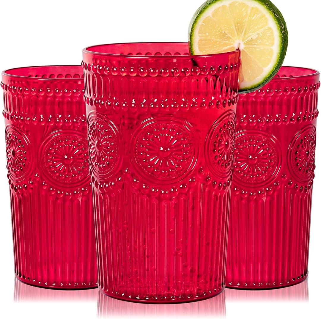 Ciaell 12 Pack Romantic Plastic Water Glasses - 14 Oz Red Vintage Drinking Glasses, Embossed Ribbed Plastic Cups, Textured Striped Set for Juice, Beverages, Beer, Cocktail